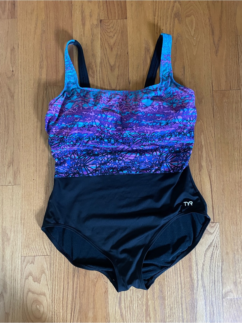 TYR One-Piece Swimsuit in Black with Purple and Blue Print
